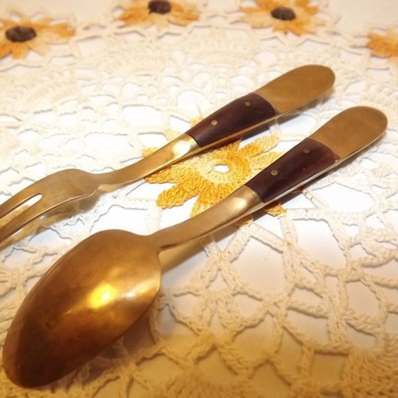 Vintage Siam Brass and Wood Serving Fork and Spoon - Picture 4 of 4